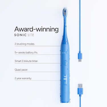 Електрична зубна щітка Ordo Sonic Lite Sky Blue: 35 000 імпульсів/хв, 2 режими, до 5 тижнів роботи, Smart-таймер, водонепроникна, USB-C