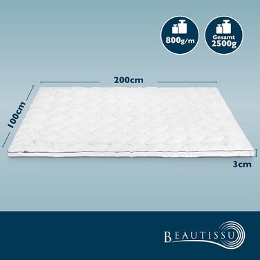 Beautissu Mattress Topper 100x200 cm with Integrated Fitted Sheet - Topper 100x200 cm for Box Springs & Mattresses up to 40 cm Height - 3 cm Mattress Pad, Non-Slip Mattress Protector - BeauNuit MT Base