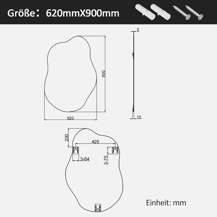 Дзеркало Boromal Spiegel чорного кольору 40x60 см з металевим обрамленням для ванної кімнати, туалетного приміщення, спальні (62 x 90 см, асиметричний стиль B)
