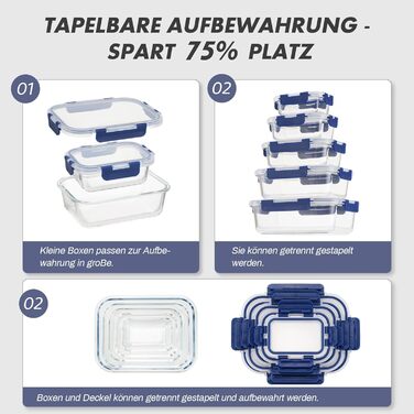 Набір скляних контейнерів для зберігання їжі з кришками з преміум-пластику, 10 шт., блакитні