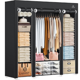 KESSER® Wardrobe Fabric Clothes Rack Stable with Clothes Rail & Shelves, Incl. 5x Clothes Hangers, Fabric Folding Wardrobe for Bedroom, Dressing Room Clothes Rack 150x45x175cm (Black)