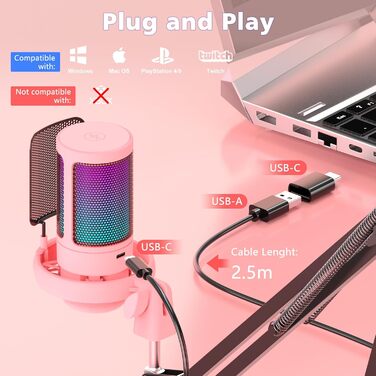 Мікрофон для ПК NJSJ Gaming з тримачем, USB мікрофон для MAC PS4 PS5, рожевий. З кнопкою вимкнення звуку, навушниками, поп-фільтром. Конденсаторний мікрофон для стрімінгу та подкастів