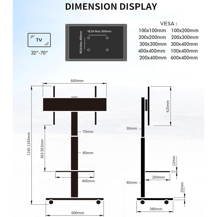 Підставка для телевізора Stellar на коліщатках з полицею, регульована по висоті та поворотна. Підходить для телевізорів 32-70 дюймів, до 45 кг, універсальна, VESA 600x400, білий (чорний)