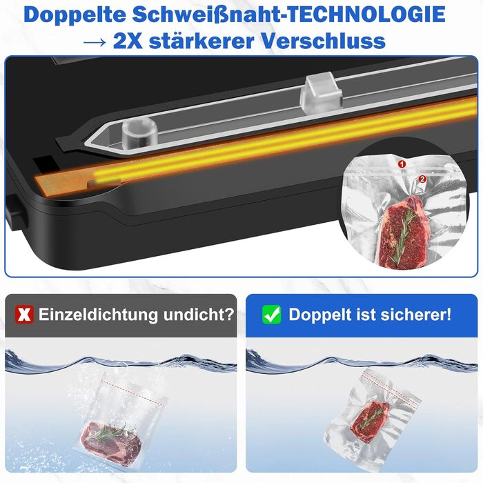 Вакуумний упаковник KLGFI 7-в-1: професійний, з подвійною зварювальною лінією, з різаком та цифровим таймером, комплект з 50 пакетами, срільно-чорний