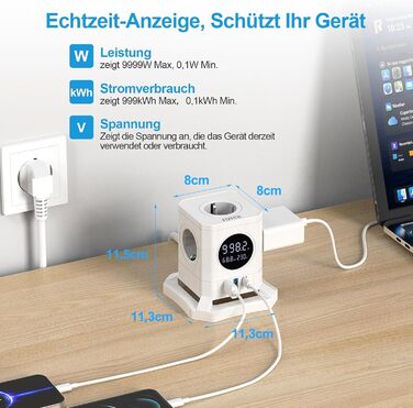 Багатофункціональний USB-хаб FDTEK з 1 USB-C та 2 USB-A, 7 розеток, LCD-дисплей, 1.8м кабель, 2500W/10A, білий