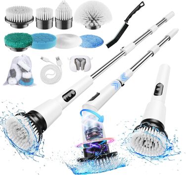 Electric Cleaning Brush, 12-in-1 Electric Spin Scrubber Cordless with 8 Interchangeable Brush Heads, Electric Cleaning Brush with Adjustable Handle for Bathroom, Kitchen, Tiles, Floors, Car (White)