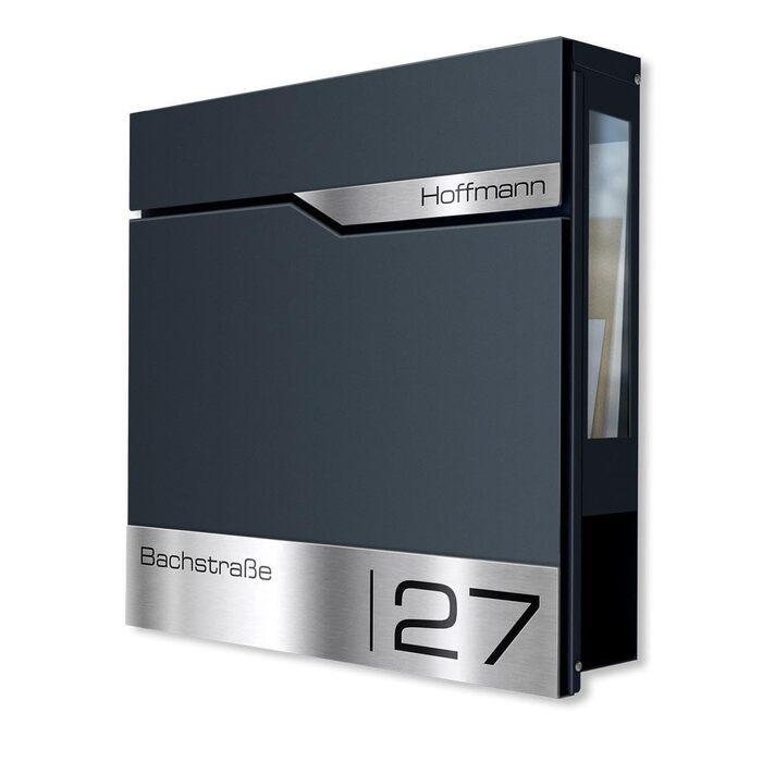 Поштовий ящик Metzler® з газетницею та індивідуальним написом з нержавіючої сталі V2A, антрацит Ral 7016. Гарантія 10 років, сучасний дизайн, стійкий до корозії.