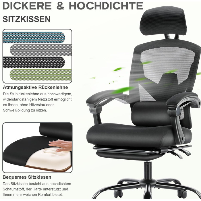 Офісне крісло DUMOS Ergonomisch C-3509 чорного кольору - ергономічне крісло з комфортними підлокітниками, підтримкою попереку та підставкою для ніг, для дому та офісу (26 x 39 x 50.75 inches)
