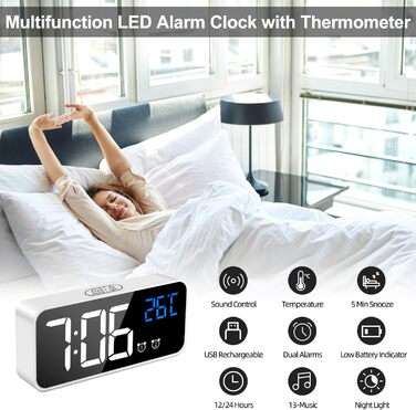 Цифровий годинник MOSUO з LED-дисплеєм, USB-зарядка, показник температури, голосове керування, 2 таймери, функція відкладання, регулювання яскравості та гучності, білий