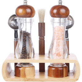 Набір для солі та перцю KKC з дерева, 8 дюймів, з регульованим керамічним механізмом, лопатки та щітка для дому та ресторану