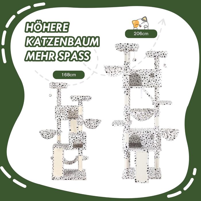 Котячий будиночок MUTICOR з когтеточкою, 206 см, багатоярусний, для великих котів, з лежаком-гамаком, широка база, колір: білий та чорний