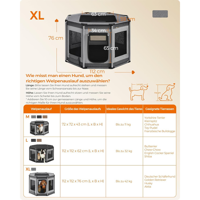 Клітка-вольєр для цуценят Feandrea Oxford, восьмикутна, XL, 112 x 112 x 76 см, з PVC-каркасом та дихаючою сіткою, з кишенею, сіро-сіра, PDC006G01 XL