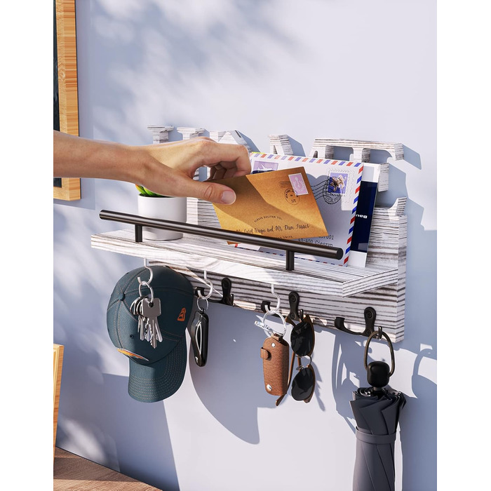 Дерев'яний органайзер для ключів з полицею на стіну - 7 гачків, Rustic дизайн (білий)