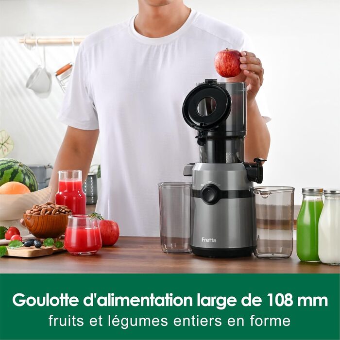 Fretta Slow Juicer with 108mm Opening & 1L Capacity, Juicer for Vegetables and Fruits - Test Winner, 200W Electric Juice Press with Cold Press, Easy Cleaning and Quiet Motor, BPA-free (Gray, 1L) 1L Gray