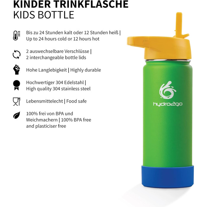 Stainless Steel Kids' Water Bottle - 100% Leak-Proof, BPA-Free with 2 Lids (Straw and Sport Cap) - Thermo Bottle for Kids - 500ml (Lime Green, 500 ml)