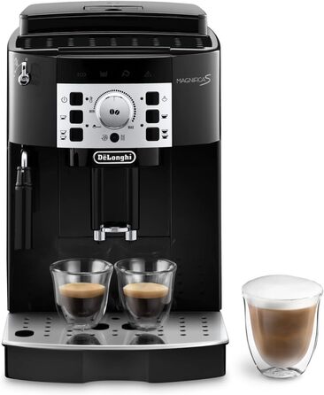 De'Longhi Magnifica S ECAM 22.110.B Fully Automatic Coffee Machine with Milk Frother for Cappuccino, featuring Espresso Direct Select Buttons and a Rotary Control, 2-Cup Function, 1.8 Liter Water Tank, Black/Silver with Chrome Finish