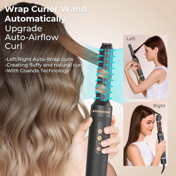 Atopskins 7-в-1 Airstyler: професійний набір для укладки волосся, 110000 об/хв, 1400 Вт. Фен-щітка, локон, випрямляч, іонізація. Для об'єму, сушіння та укладки. Чорний та золотий колір.