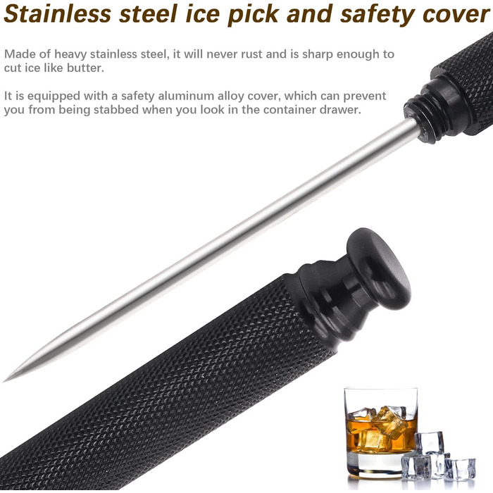Aluminum Alloy Ice Pick Handle with Stainless Steel Blade and Safety Cover, Ice Tool, Kitchen Tool for Restaurant, Bar, Home (black)