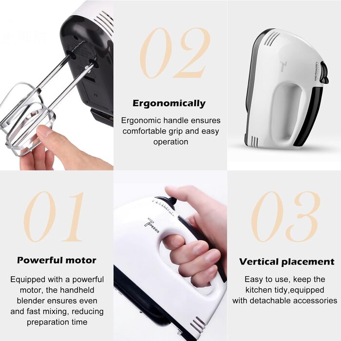 Електричний ручний міксер з нержавіючої сталі, 7 швидкостей, 2 насадки для збивання та 2 гаки для тіста - для кухні