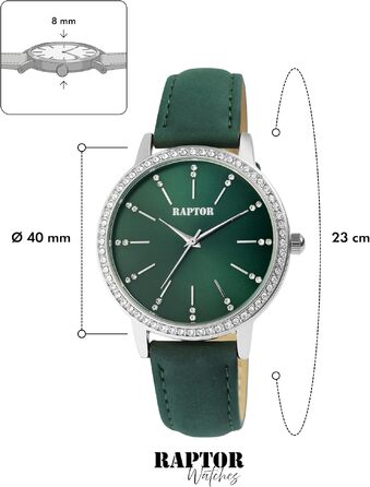 Жіночий наручний годинник Raptor elegant з блискітками, сріблястий корпус та чорний шкіряний ремінець