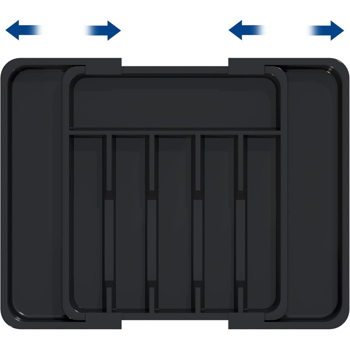 Органайзер для столових приборів в шухляду 40 см, чорний, пластиковий, з регульованими перегородками (6-8 відділень)