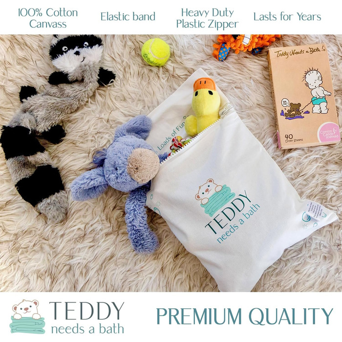 Teddy needs a pet bath and kids' toys. Laundry bag for the dryer.