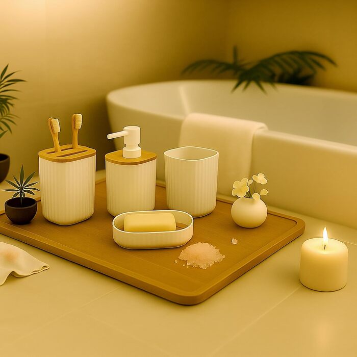 Набір для ванної кімнати Relaxdays, 6 предметів: аксесуари для ванної з пластику та бамбуку, повний комплект, білий/натуральний