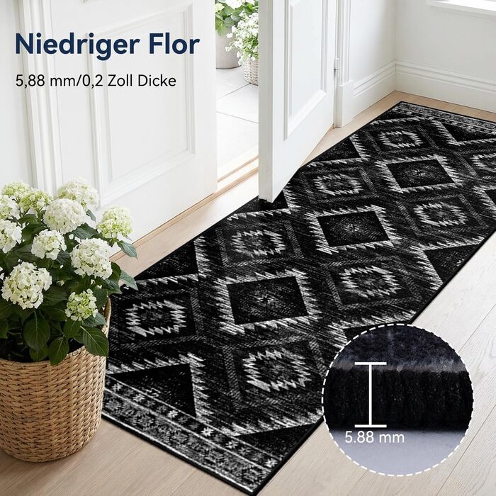 Килимок-довгий килим для коридору, кухні, вітальні та офісу. Нековзкий, з коротким ворсом, пральний, складаний, у стилі бохо, чорно-білий (60 x 180 см)