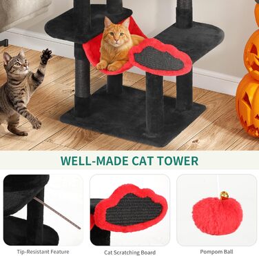 Котячий комплекс YITAHOME XXL, 142 см, з 8 стовпчиками сизалю, 3 платформами, 2 хованками, гамаком, іграшками, чорно-червоний