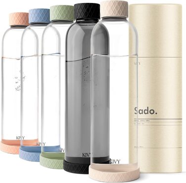 KIVY Glass Bottle 1 Liter with Silicone Protection [Extremely Break-Resistant] Drinking Bottle Glass 1l Suitable for Carbonated Drinks - Glass Water Bottle 1l - Glass Drinking Bottle - Glass Drinking Bottle 1l - Glass Drinking Bottle (Cream White)