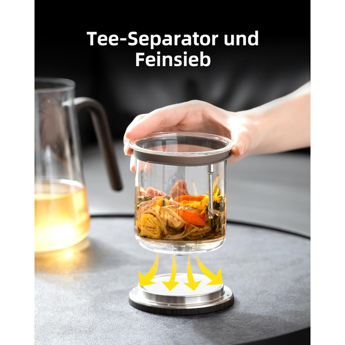 Чайник ZENS Magic з боросилікатного скла з ситом, 1000 мл, з магнітним кришкою та ручкою з чорного горіха