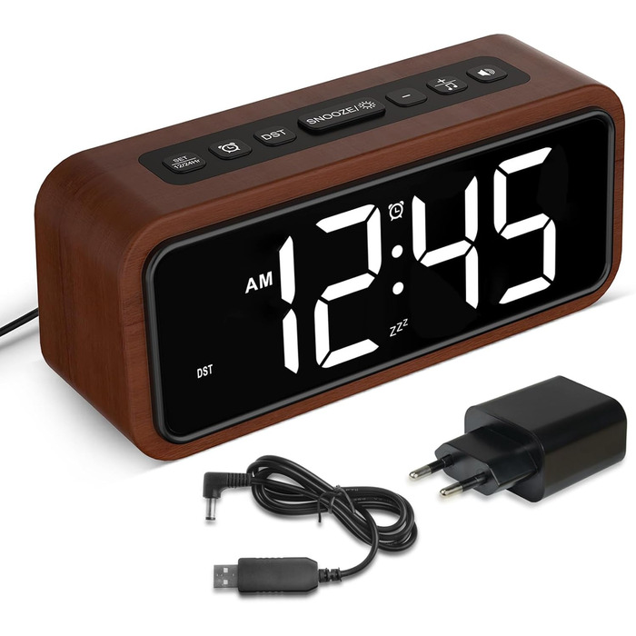 Loud Alarm Clock for Deep Sleepers, Wood Alarm Clock with LED Display, 12 Alarm Ringtone Options, 5 Adjustable Brightness Levels, 5 Volume Levels, Manual DST, Brown Retro Alarm Clock for Bedroom
