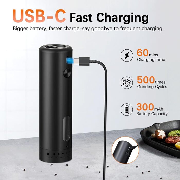 Електричні мельниці для солі та перцю MERTTURM (2 шт.) з підставкою, USB-зарядка, автоматичний дозатор, регулювання помелу, великий об'єм