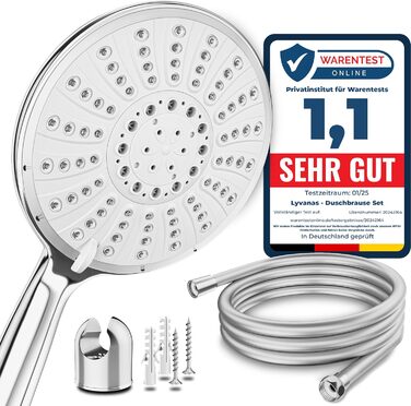 Lyvanas - TEST WINNER - Shower Head with Hose and Holder - Shower Head for Shower & Bathtub in Extra Large (Ø15cm) - Wellness Rain Shower with 5 Spray Patterns (Premium Set 2025)