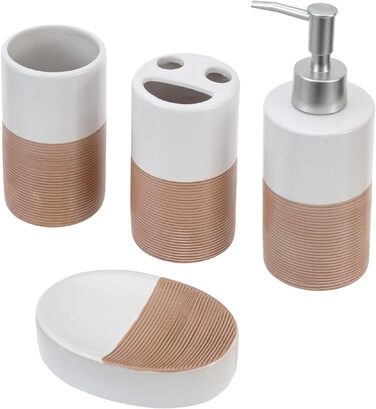 Deluxe 4-Piece Ceramic Bathroom Set with Soap Dispenser, Toothbrush Holder, Cup, and Soap Dish in White and Beige