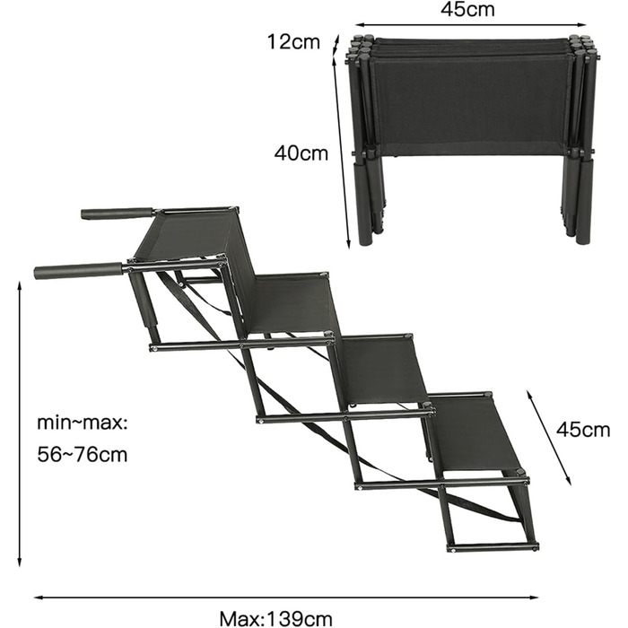 Рампа для собак Homewell - складана, до 70 кг, регульована - для маленьких, середніх, великих та хворих собак. Чорний колір