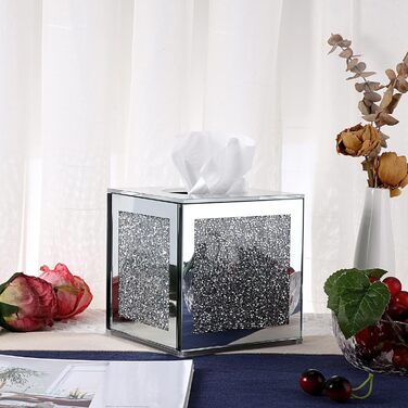 BTSKY Glittering Glass Cube Tissue Box with Crushed Crystal Diamonds for Home Decoration, Table Napkin Holder, Square Tissue Organizer