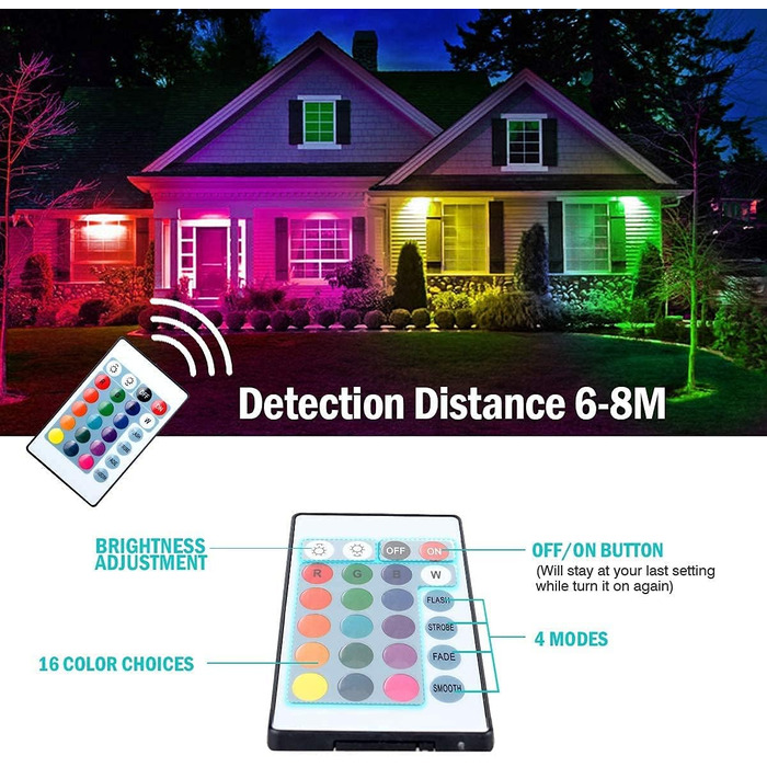 T-SUN 2 Pack LED Flood Lights Outdoor, 100W RGB Floodlights with Remote Control, Color Changing LED Floodlight with 16 Colors 4 Modes, IP66 Waterproof Floodlight for Indoor Gardens Backyards Courtyards