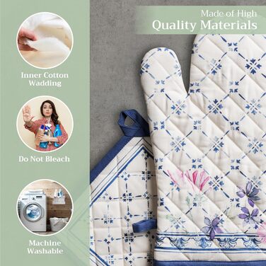 Maison d' Hermine Faience Oven Mitt + Pot Holders, 100% Cotton, Heat Resistant, Kitchen Oven Mitt (19.1 x 33 cm) and Pot Holders (20.3 x 20.3 cm) for Cooking, Grilling, Spring/Summer