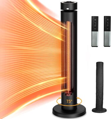 Інфрачервовий обігрівач 1500W для тераси та вулиці: 8 режимів, осциляція 75°, IP65, з пультом та таймером, чорний