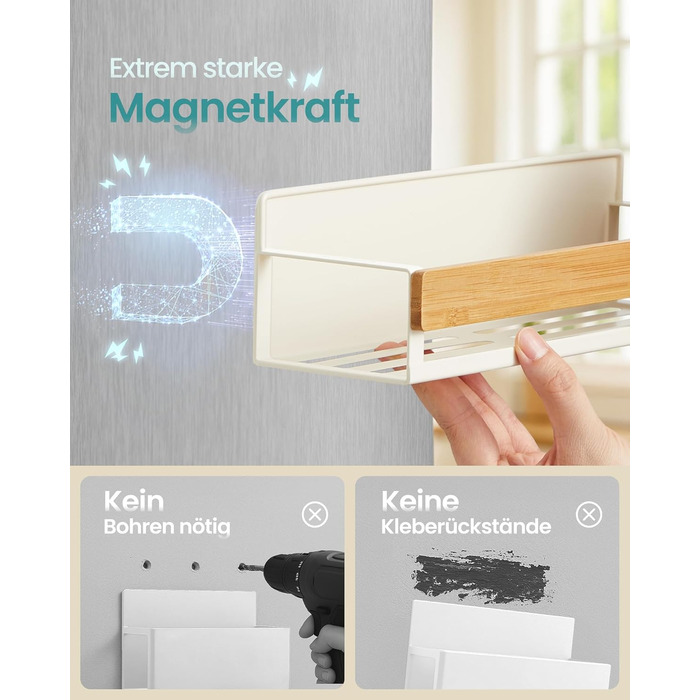 Магнітна полиця для спецій SONGMICS, 4 шт., 2 великі та 2 малі, без свердління, для кухні, холодильника, мікрохвильової печі, пральної машини, KCS061B01 (кремово-білий + натуральний бежевий, сталь + бамбук)