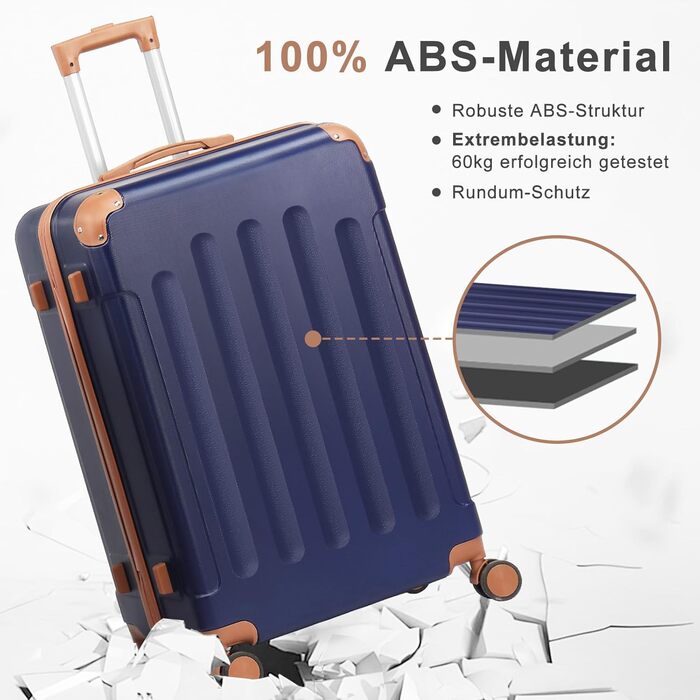 Набір валіз LALAHO 4 шт. з косметичками, з ABS пластику, рожевого кольору (темно-синьо-коричневий, в смужку)