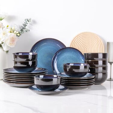 Набір посуду LeRatio на 8 осіб: 24 предмести, кераміка, реактивна глазур, блакитний, для посудомийної машини та мікрохвильовки