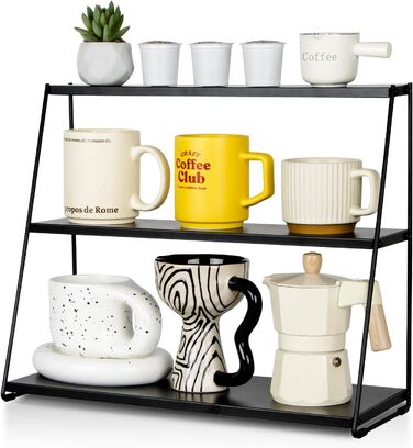PUERSI Coffee Mug Holder, Coffee Mug Shelf for Countertop, Cup Stand Metal, 3-Tier Cup Holder for Coffee Bar, Coffee Station Accessories, Cup Organizer for Kitchen, Counter, Cafe - Black