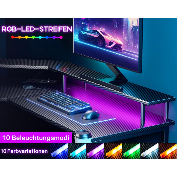 Ігровий стіл ODK 129x129 см з LED підсвіткою, розетками і USB, комп'ютерний стіл з великою полицею для монітора, карбон, чорний