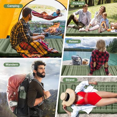 Arlierss Self-Inflating Camping Sleeping Pad with Foot Pump & Pillow - 12cm Thick, Ripstop, Portable, Outdoor, Hiking, Travel, Beach - Army Green
