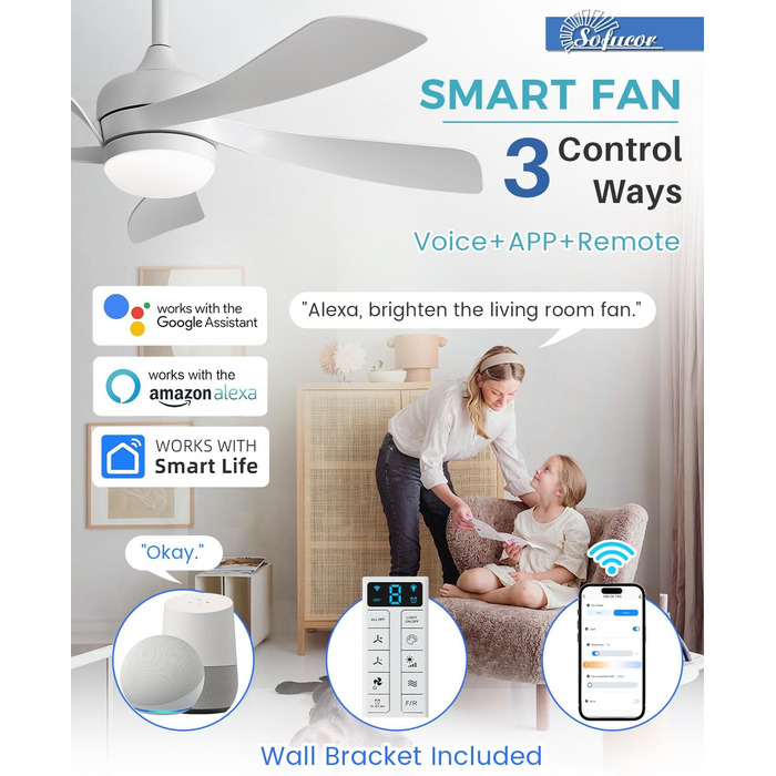 Стельовий вентилятор Sofucor Smart з підсвічуванням 114 см: LED, DC мотор, Alexa/APP, пульт, 6 швидкостей, режими зима/літо