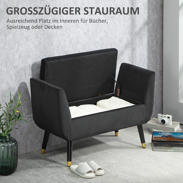 HOMCOM Luxury Bench with Storage, Armrests, and Trunk – Velvet-like Polyester, Rubber Wood, Dark Grey, 107 x 42 x 65 cm | Aosom