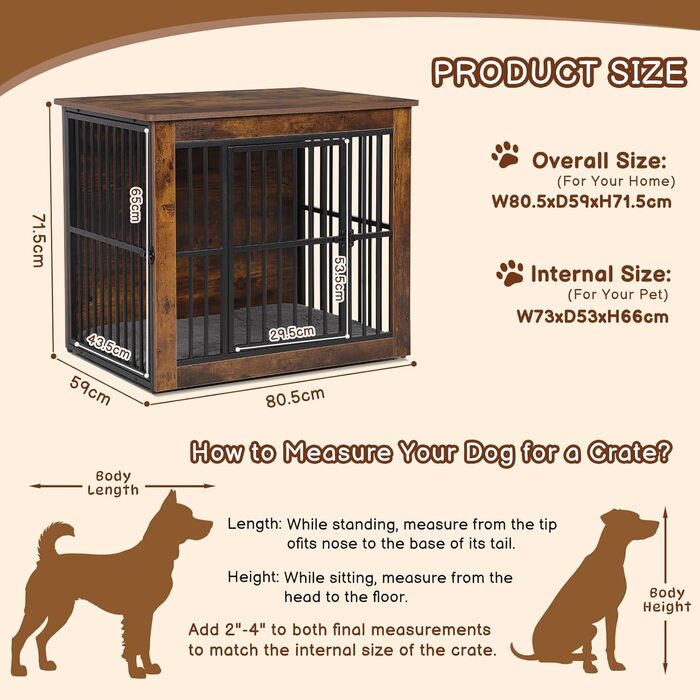 Клітка для собак велика дерев'яна з подвійними дверцятами, міцна собача будка для дому, знімний піддон, для малих, середніх та великих собак, 97,5 x 80,5 x 59 x 71,5 см