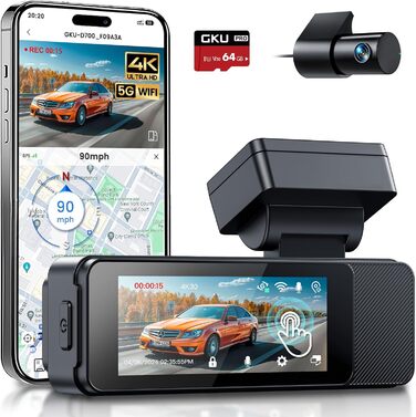 Відеореєстратор GKU Dashcam Auto: 4K/2.5K, GPS, Wi-Fi, Dual, 64GB, Паркування, WDR, 170° Кут огляду, G-сенсор, Loop, Макс. 256GB, Чорний